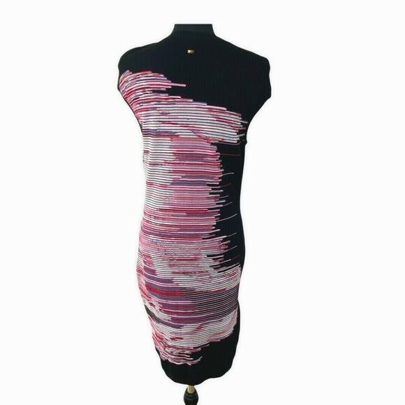Escada Black Knit Fantasy Multi Color Stripe Bodycon Dress Sz Medium - Picture 2 of 7